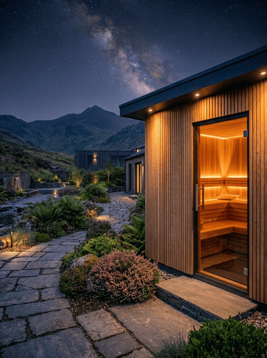 A night scene of a modern wooden cabin with warm lighting, surrounded by lush garden plants and a stone pathway, under a starry sky with the Milky Way galaxy visible, and mountains in the background.