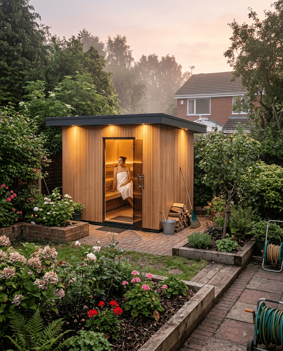A woman sitting inside a small wooden sauna in a lush garden during sunset, surrounded by flowering plants and trees.