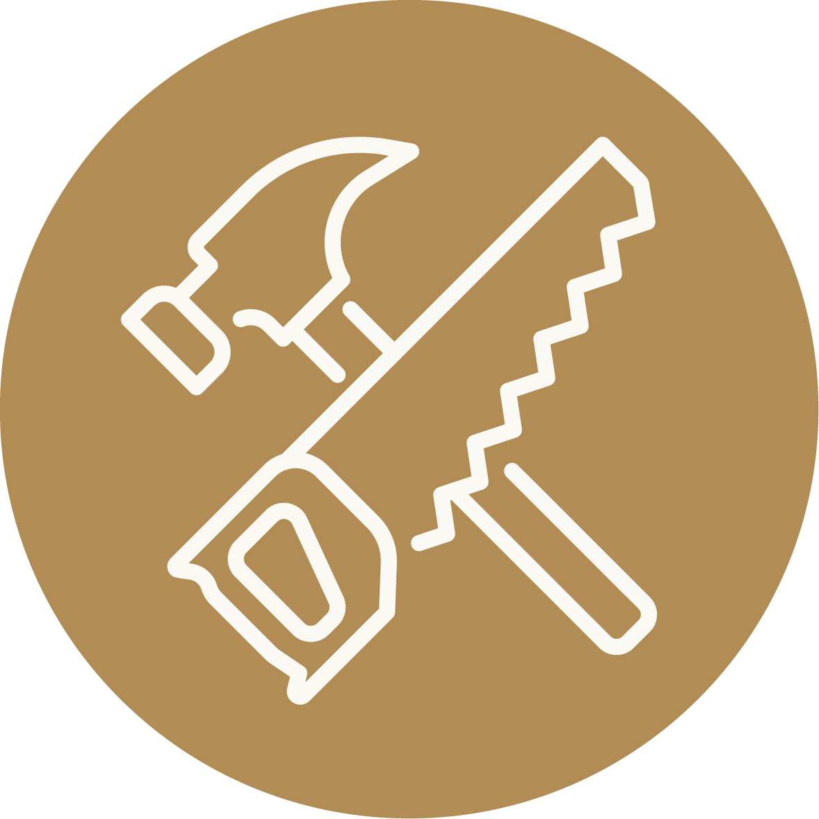 Outline graphic of a hammer, saw, and screwdriver on a brown circular background.