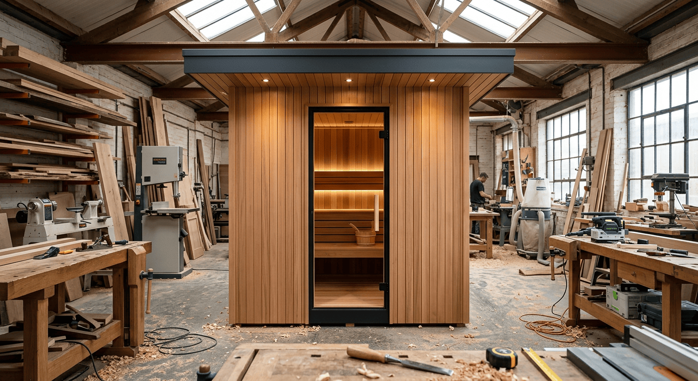 Woodworking workshop with a small wooden sauna in the center, surrounded by various tools, woodworking equipment, and wooden planks, with a craftsman working at a bench.
