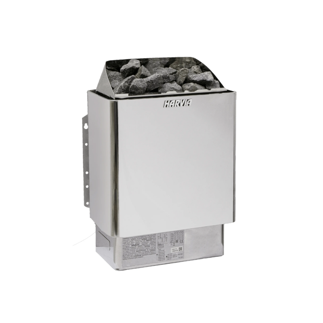 A stainless steel sauna heater filled with stones, branded "Harvia".