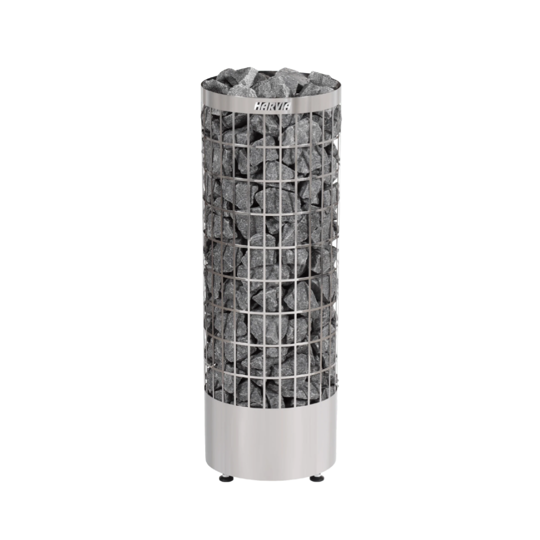 A cylindrical infrared sauna heater filled with small gray stones, labeled 'HARVIK.'