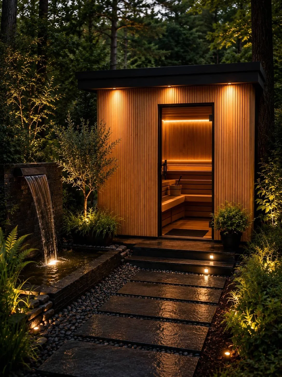 A modern outdoor sauna with warm wood paneling, illuminated by soft lighting, situated among lush greenery, with a water feature and pathway leading up to it.