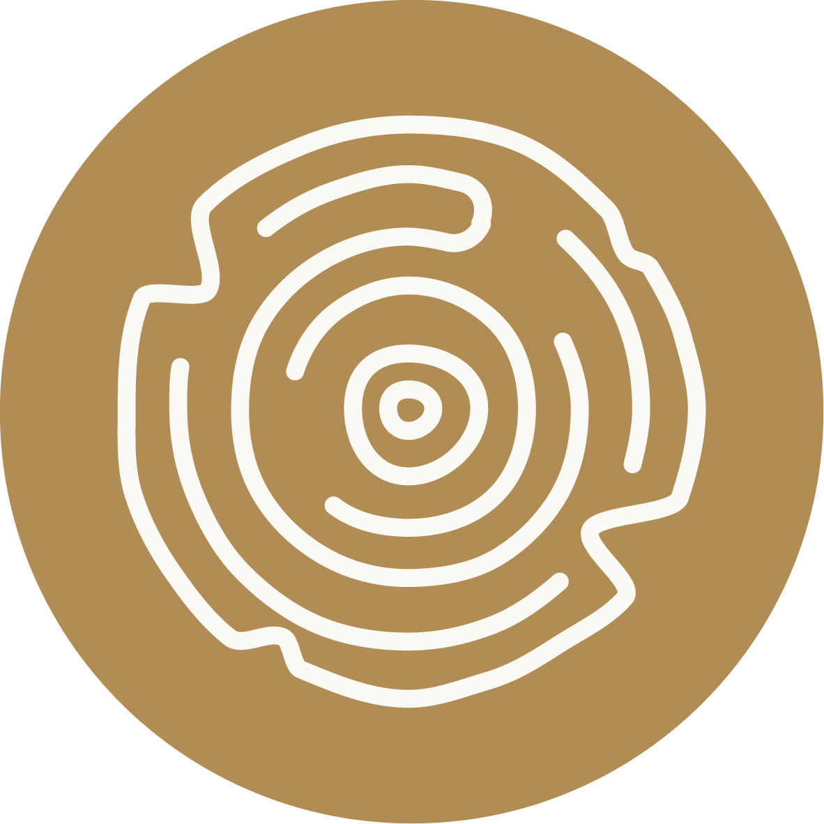 Line drawing of a tree cross-section with rings, on a brown circular background.