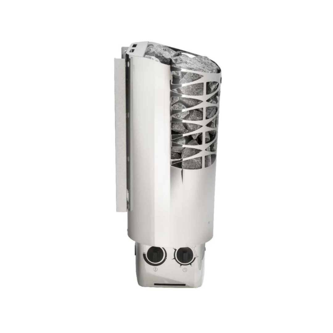 A modern electric fireplace heater with a metal exterior and glass front, containing decorative rocks inside.
