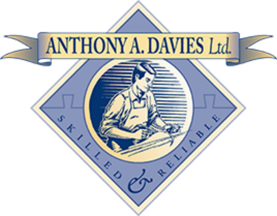 Logo for Anthony A. Davies Ltd. featuring a vintage illustration of a person writing, with text 'Skilled Reliable' around the image and the company name banner above.