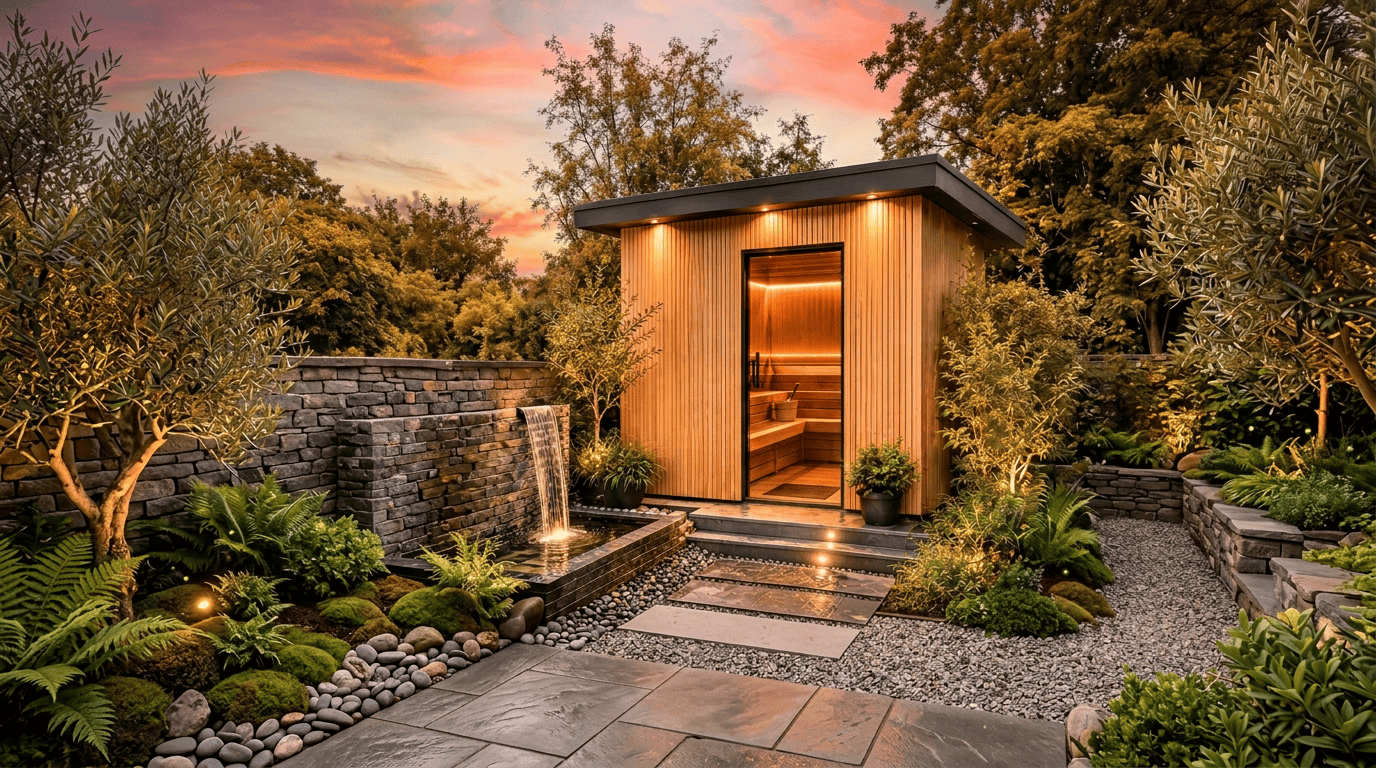 A modern outdoor sauna nestled in a lush landscaped garden at sunset, featuring a water fountain, stone pathway, and surrounding greenery.