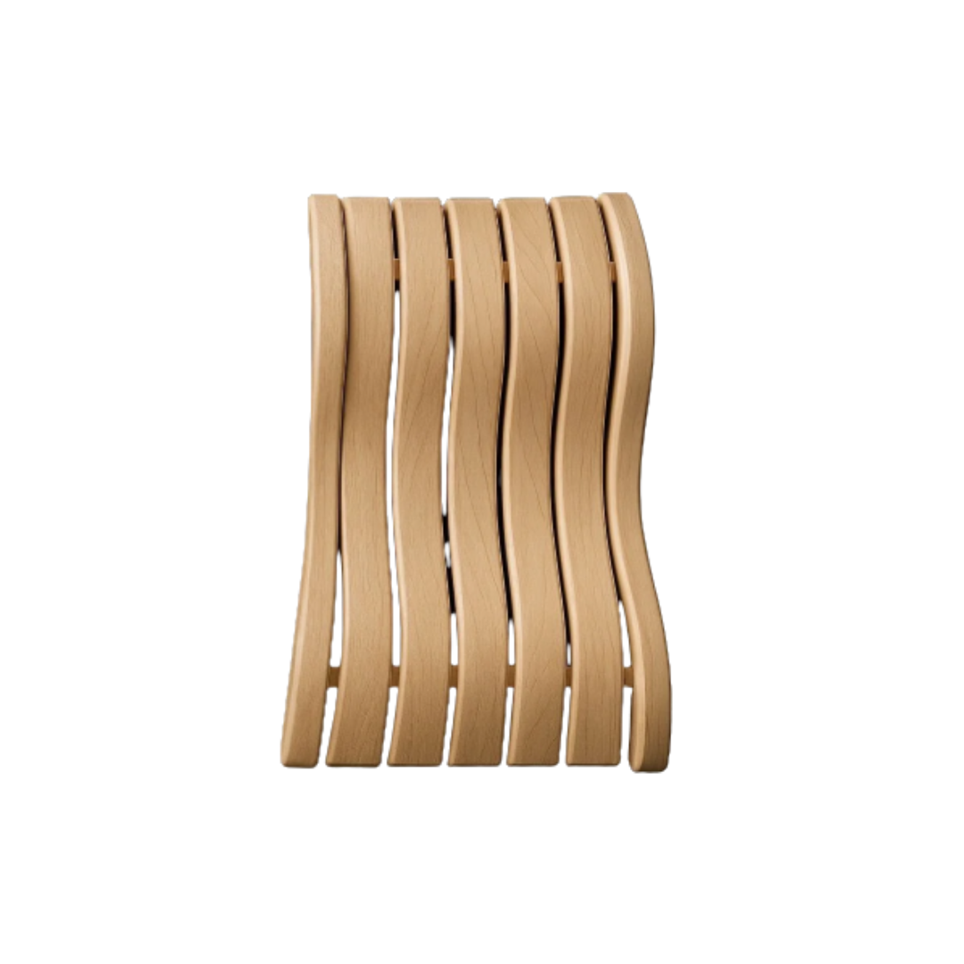 A modern wooden chair with curved slats and a minimalist design.