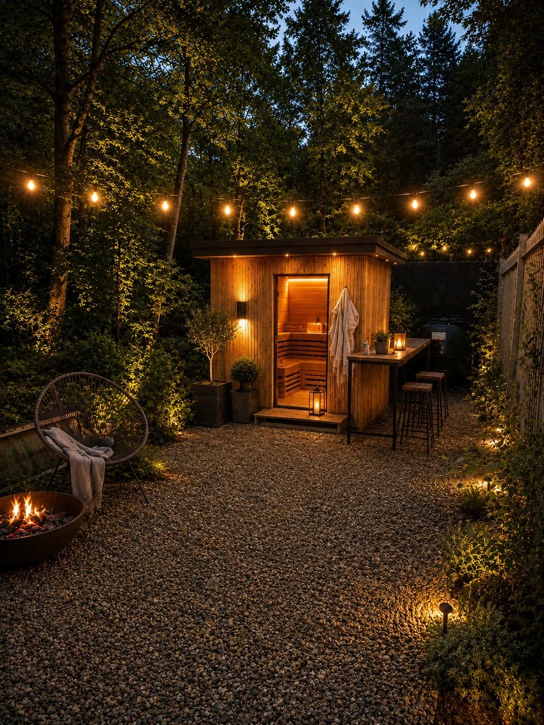 Outdoor backyard space at night with string lights, fire pit, wooden sauna, outdoor seating, and lush trees.