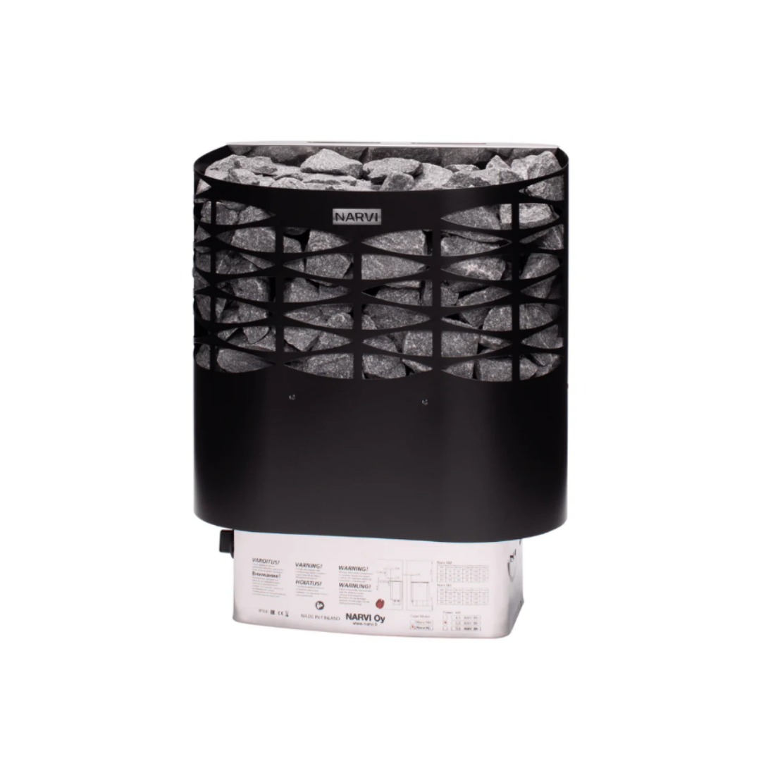 A black electric sauna heater with stones inside, branded 'NARVI', placed on a white background.