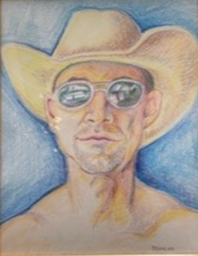 A painting of a man wearing a wide-brimmed hat and sunglasses with a blue background.