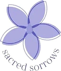 A stylized blue flower with five petals and the words 'sacred sorrows' curved along the bottom.