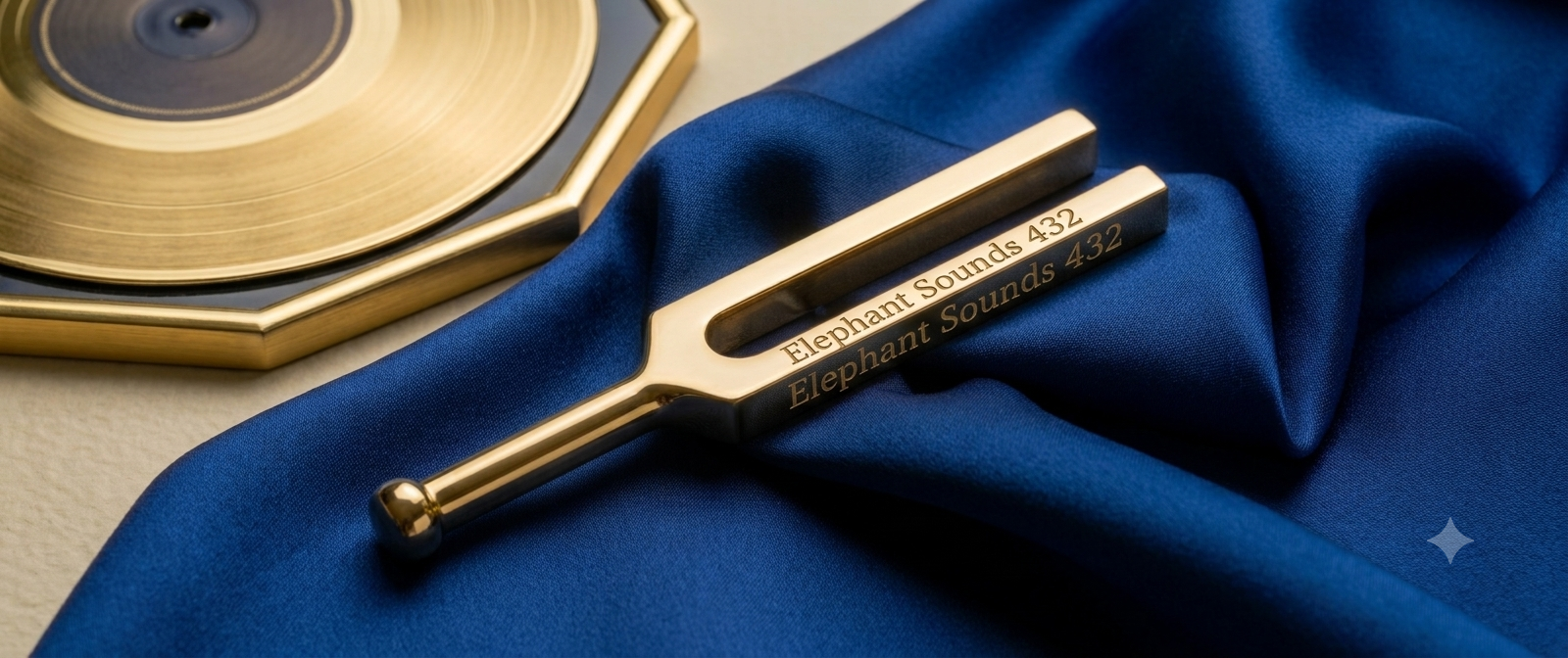 A golden key with the engraved text 'Elephant Sounds 432' resting on a blue cloth, with a gold-colored record player in the background.