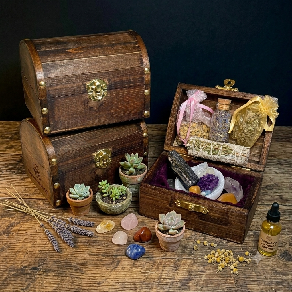 Two small wooden chests, one open revealing various crystals, stones, and a glass bottle, with small potted succulents, colorful polished stones, dried lavender, and essential oil on a rustic wooden surface.