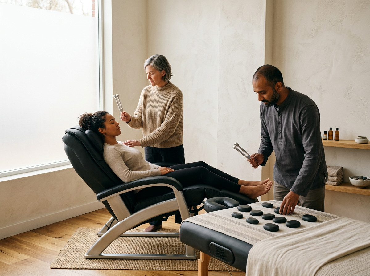 Woman receiving treatment from therapist with stones on table in a wellness or holistic therapy room.