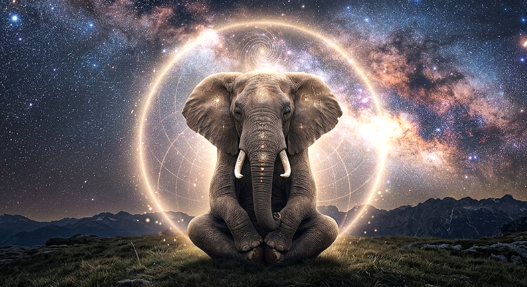 A digitally created scene of an elephant sitting cross-legged on grassy terrain with mountains in the background and a starry galaxy sky overhead. A glowing halo and geometric patterns surround the elephant, creating a surreal, cosmic atmosphere.