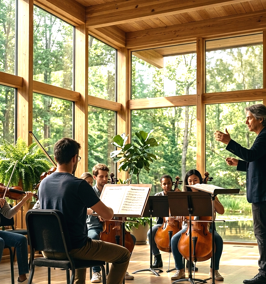 A music conductor leading a small string ensemble in a room with large windows overlooking a green forest.