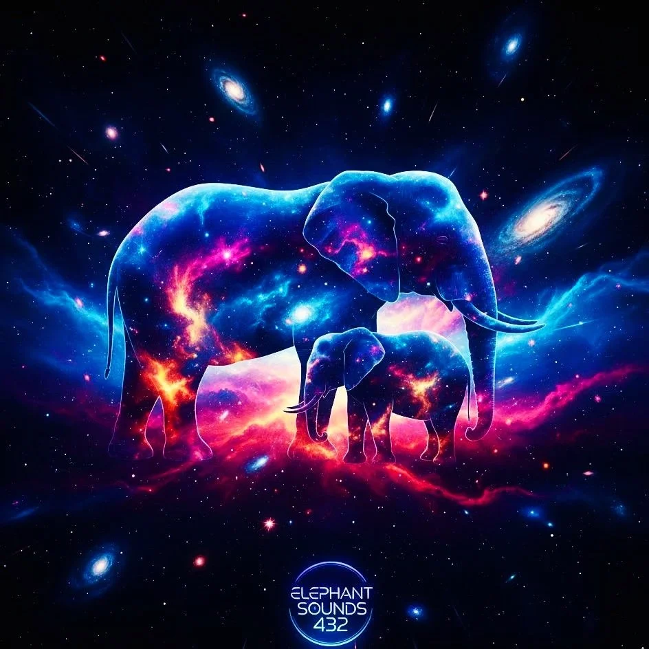 Silhouettes of two elephants, one larger and one smaller, filled with a colorful galaxy pattern, set against a space background filled with stars and galaxies. The image includes the text 'Elephant Sounds 432' at the bottom.