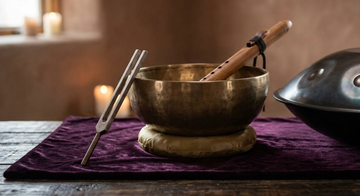 A singing bowl with a wooden and a metal striker resting inside, on a purple velvet cloth on a wooden table, with lit candles blurred in the background.