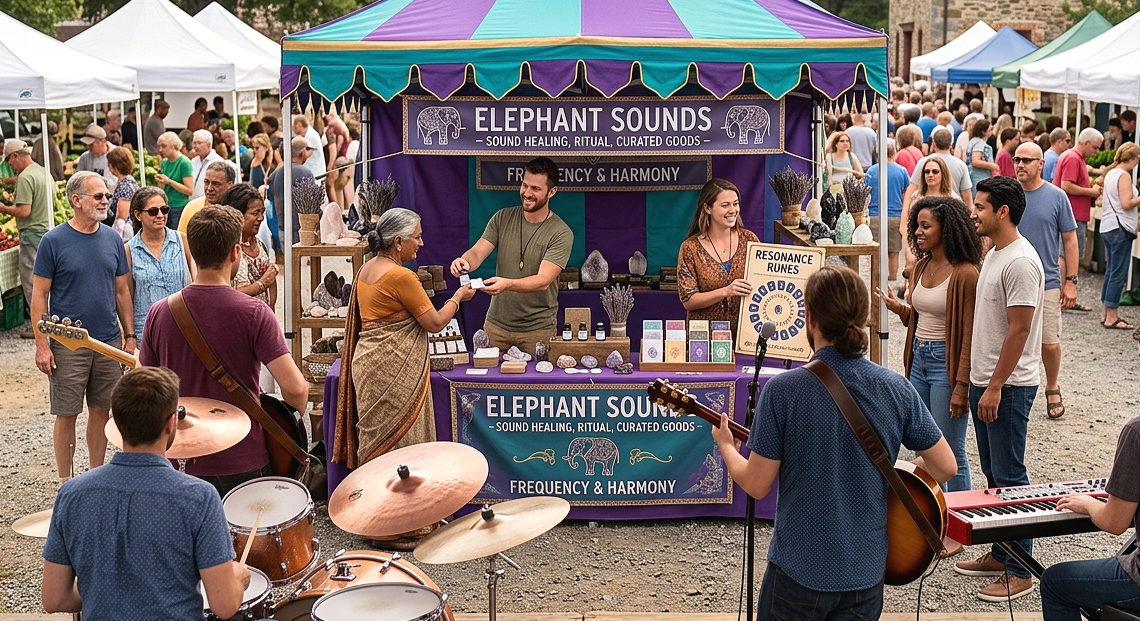 A lively outdoor market with a booth called Elephant Sounds selling sound healing and curative goods. People are browsing and chatting with the vendors, while a group plays musical instruments nearby. The scene is bustling with shoppers and vendors under white tents.