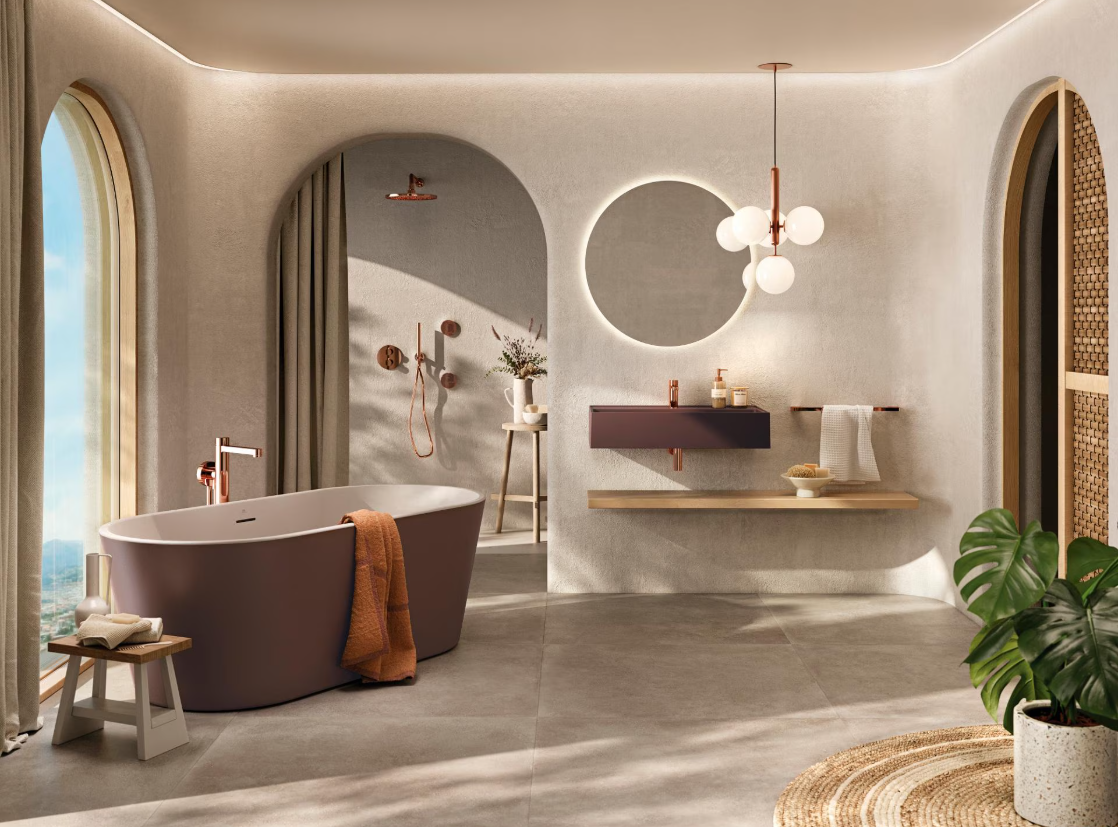 Modern bathroom with a freestanding bathtub, large arched window, and minimalistic decor. There is a floating vanity with a round mirror, a hanging light fixture, and a potted plant in the corner.