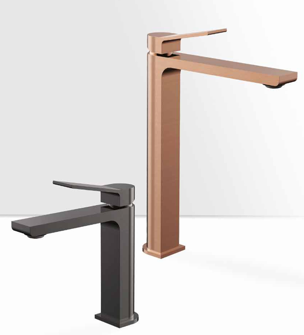 Two modern kitchen faucets in black and rose gold colors displayed against a white background.