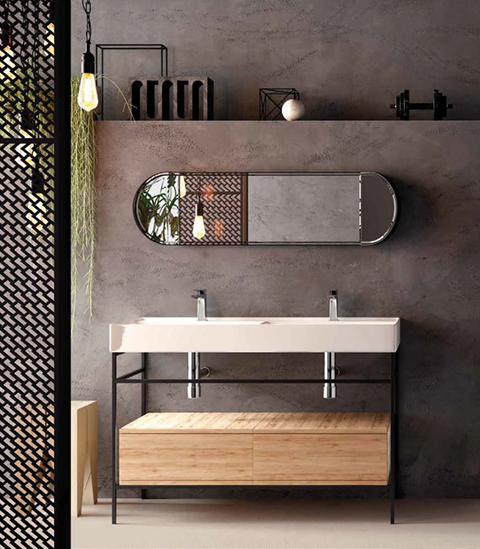 Modern bathroom with double sinks, a large mirror, and minimalist decor.