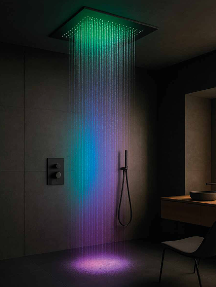 Digital rain shower with colorful LED lights in a modern bathroom.