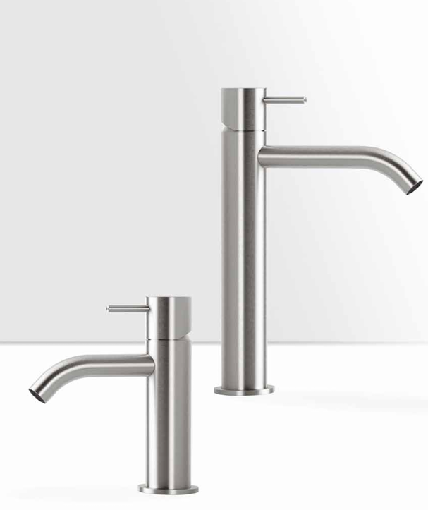 Two modern stainless steel kitchen faucets, one taller than the other, against a white background.