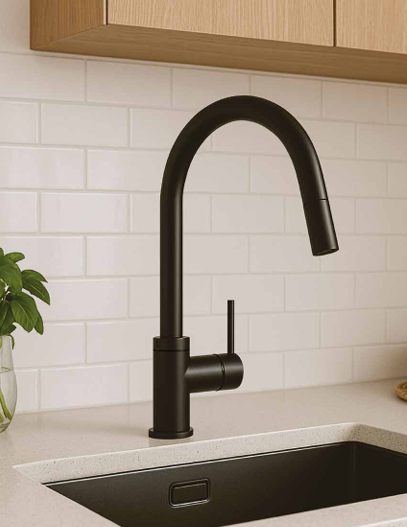 Black kitchen faucet over a white countertop and black sink, with white subway tile backsplash and wooden cabinet above.