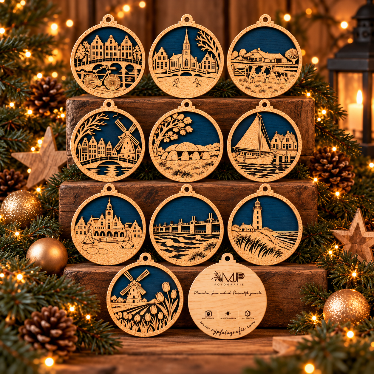 Nederlandse kerstbal van eikenhout en kurk – 10 unieke ontwerpen ( per stuk of als set verkrijgbaar)