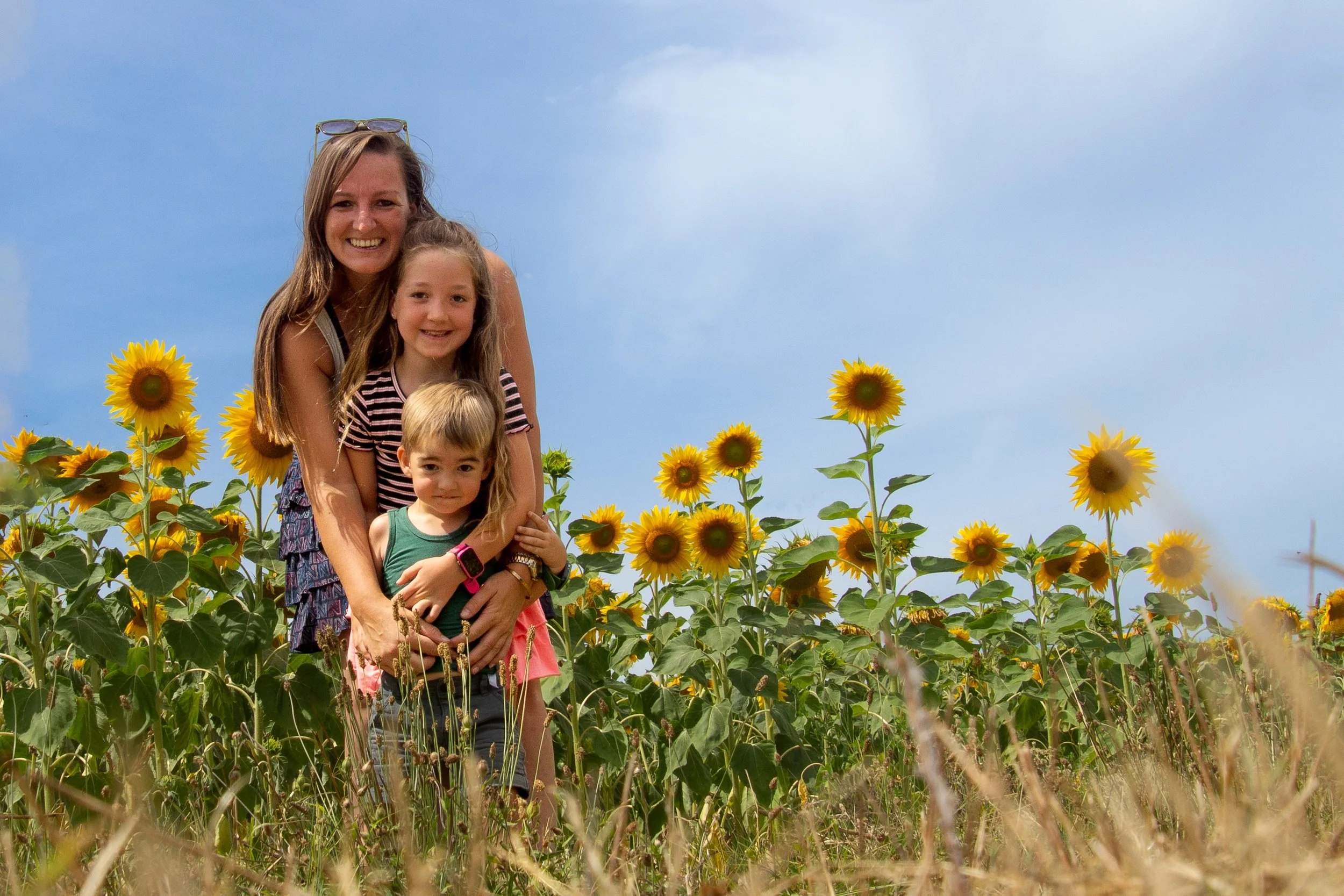 Vrouw en drie jonge meisjes poseren tussen zonnebloemen op een veld onder een blauwe hemel.