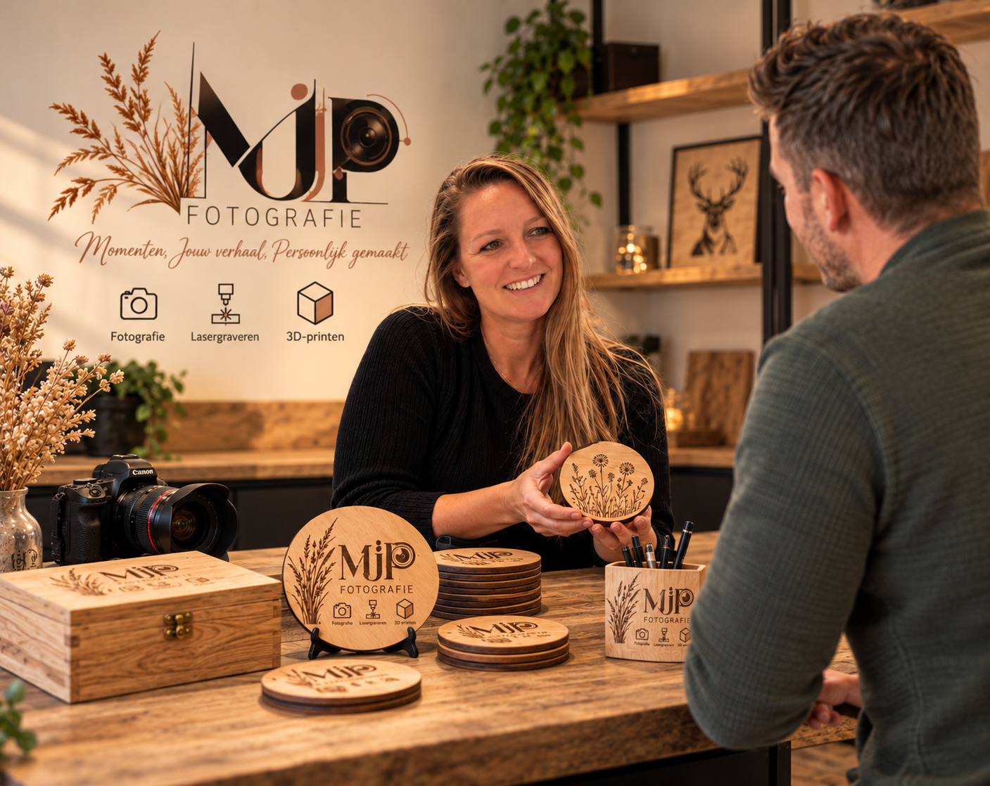 Mariska Voeten verkoopt gepersonaliseerde giftartikelen met een bedrijfslogo aan een man in een winkel met houten interieur, camera en souvenirs op de toonbank. Borden met logo en tekst over fotografie, lasergesneden en 3D-printen bij MJP Fotografie
