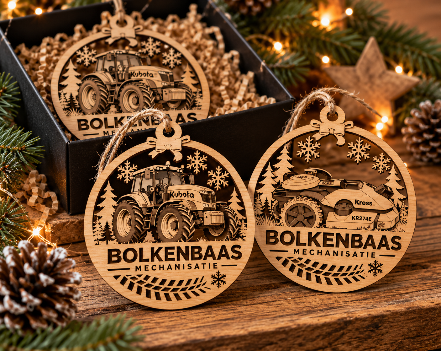 Drie houten kerstballen met gravures van landbouwmachines en gepersonaliseerd met  bedrijfslogo als zakelijke gift versierd gemaakt door MJP Fotografie voor Bolkenbaas Mechanisatie, op een houten tafel met dennenappels, sterren en kerstlichtjes.