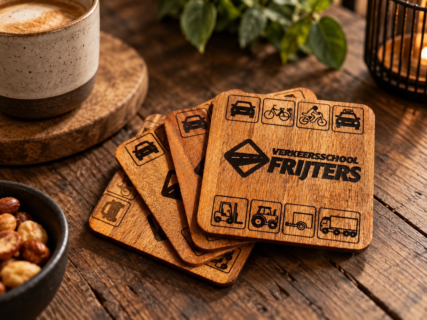 Gepersonaliseerde houten onderzetters met eigen logo – set van 4