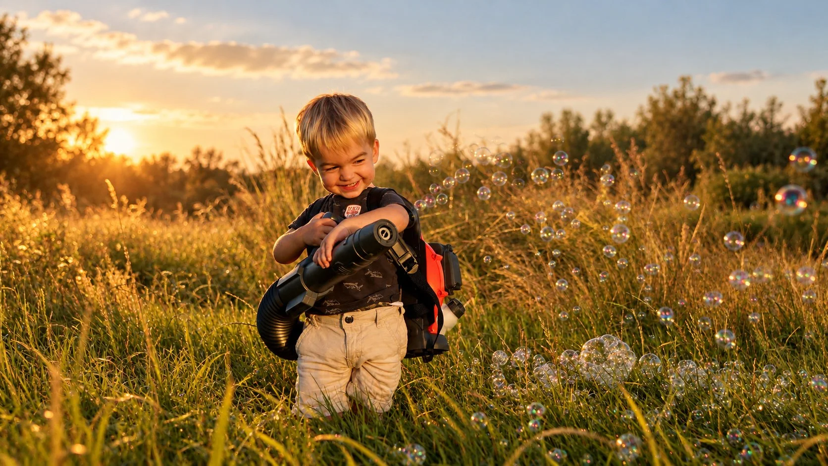 Jongen met HUSQVARNA BELLEN BLAZER In een grasveld speelplezier