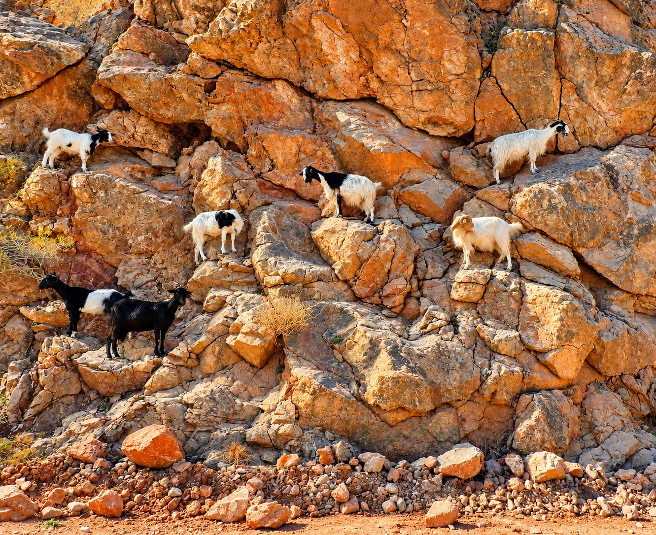 Berggeiten in Spanje tegen een roodstenige rotswand