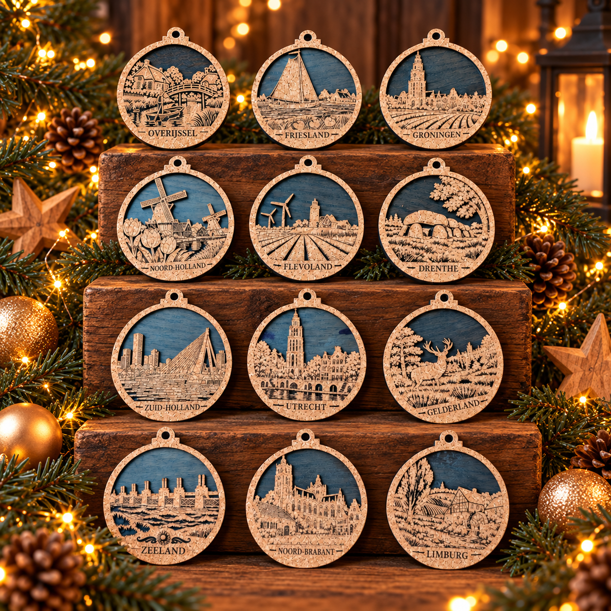 Twelve Dutch Province Ornaments on Rustic Steps.png