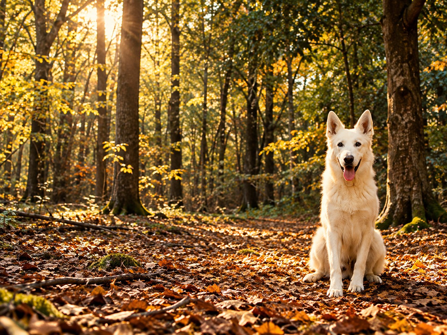 Witte herder Max in bos met herfstbladeren NatuurFotografie MJP Fotografie.jpg