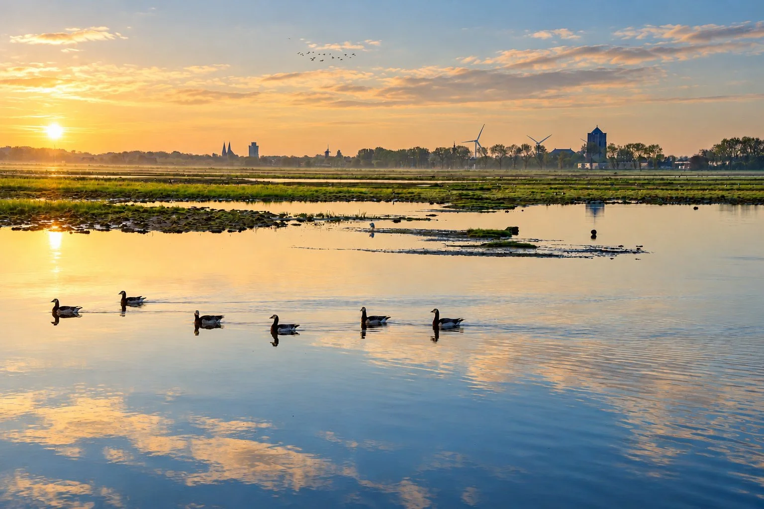 Zeeuwse polder in Kerkwerve met uitzicht op Zierikzee bij Zonsopgang