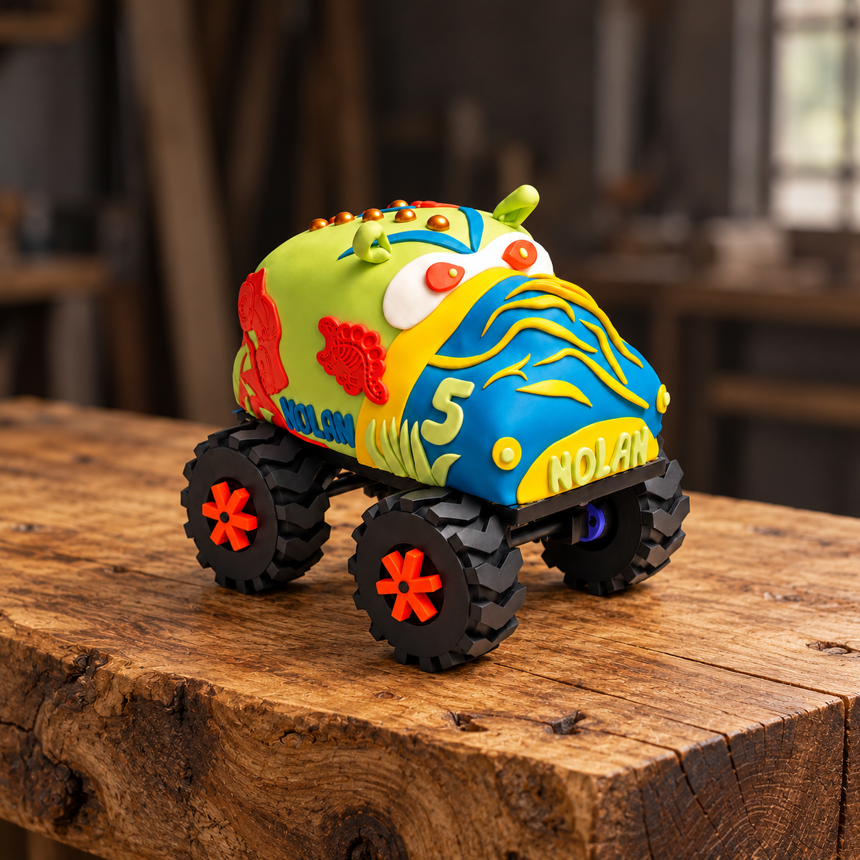 Een taartstandaard gemaakt door MJP Fotografie met een Monstertrucktruck met grote banden 3d geprint, versierd met kleurrijke decoraties en de naam 'NOLAN' op de zijkant, op een houten tafel.