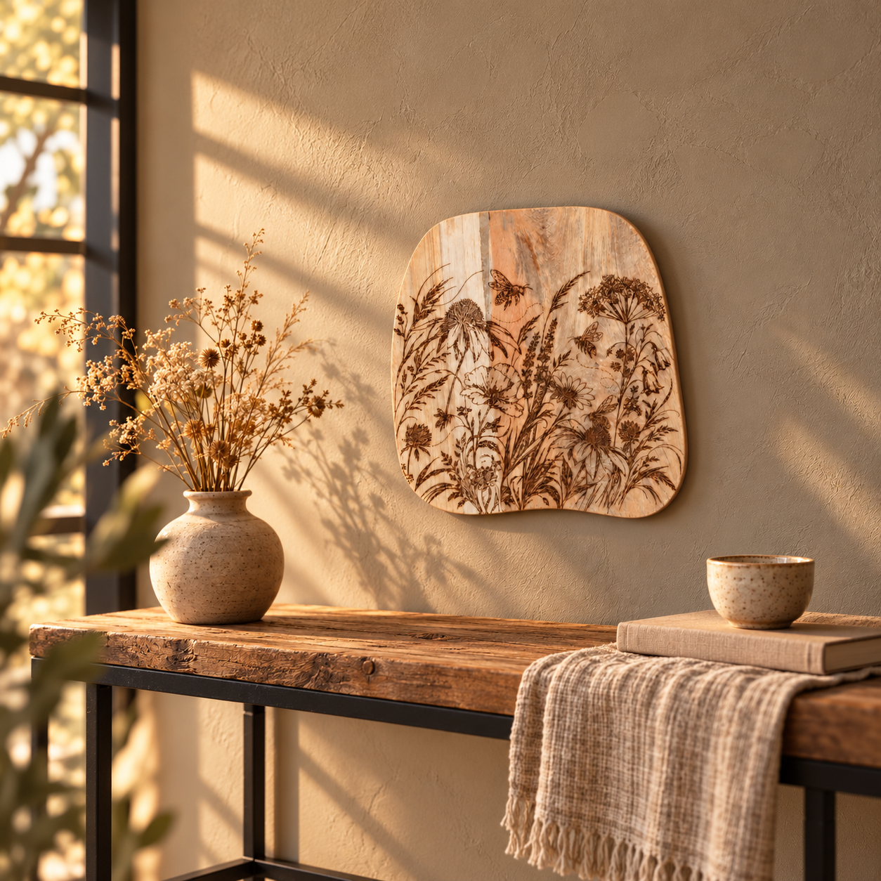 Botanische Wandkunst WIld FLowers Hout gegraveer door MJP Fotografie sfeerbeeld vierkant.png