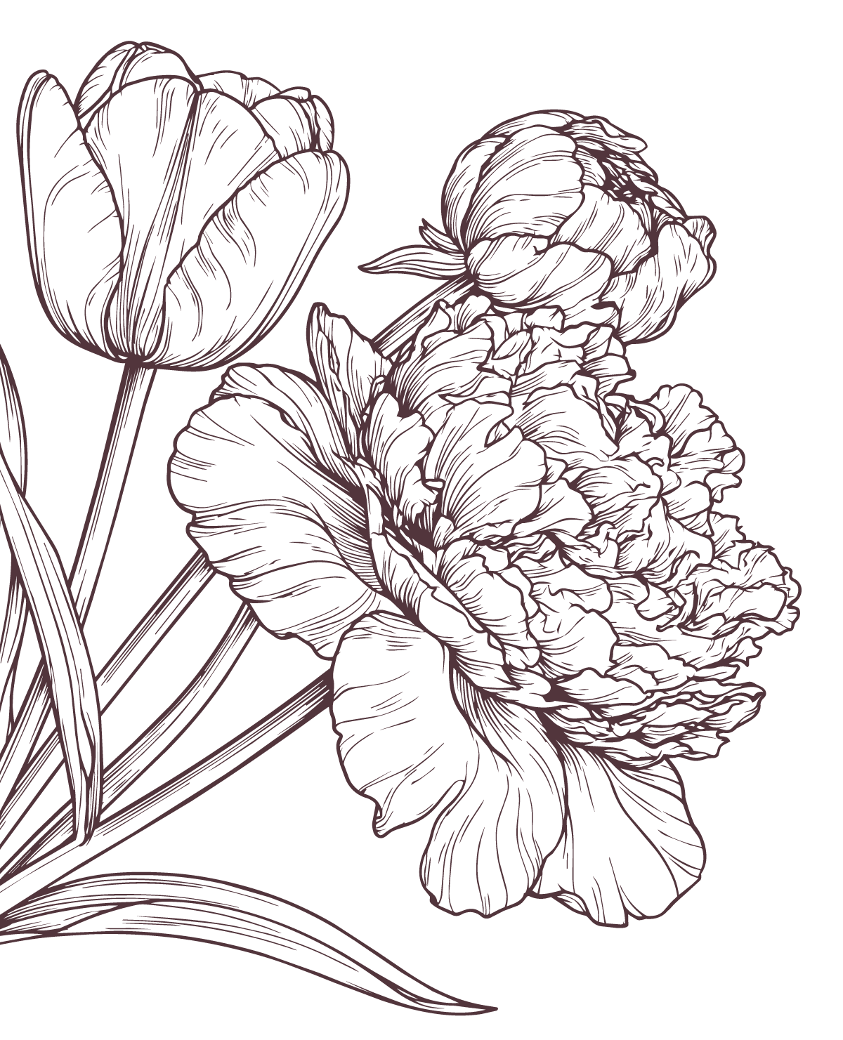 Line drawing of a bouquet of flowers including tulips, roses, and other blossoms on a black background.