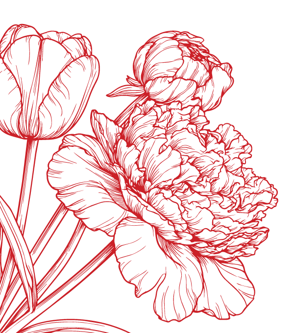 Red outline of tulip and pansy flowers on black background.