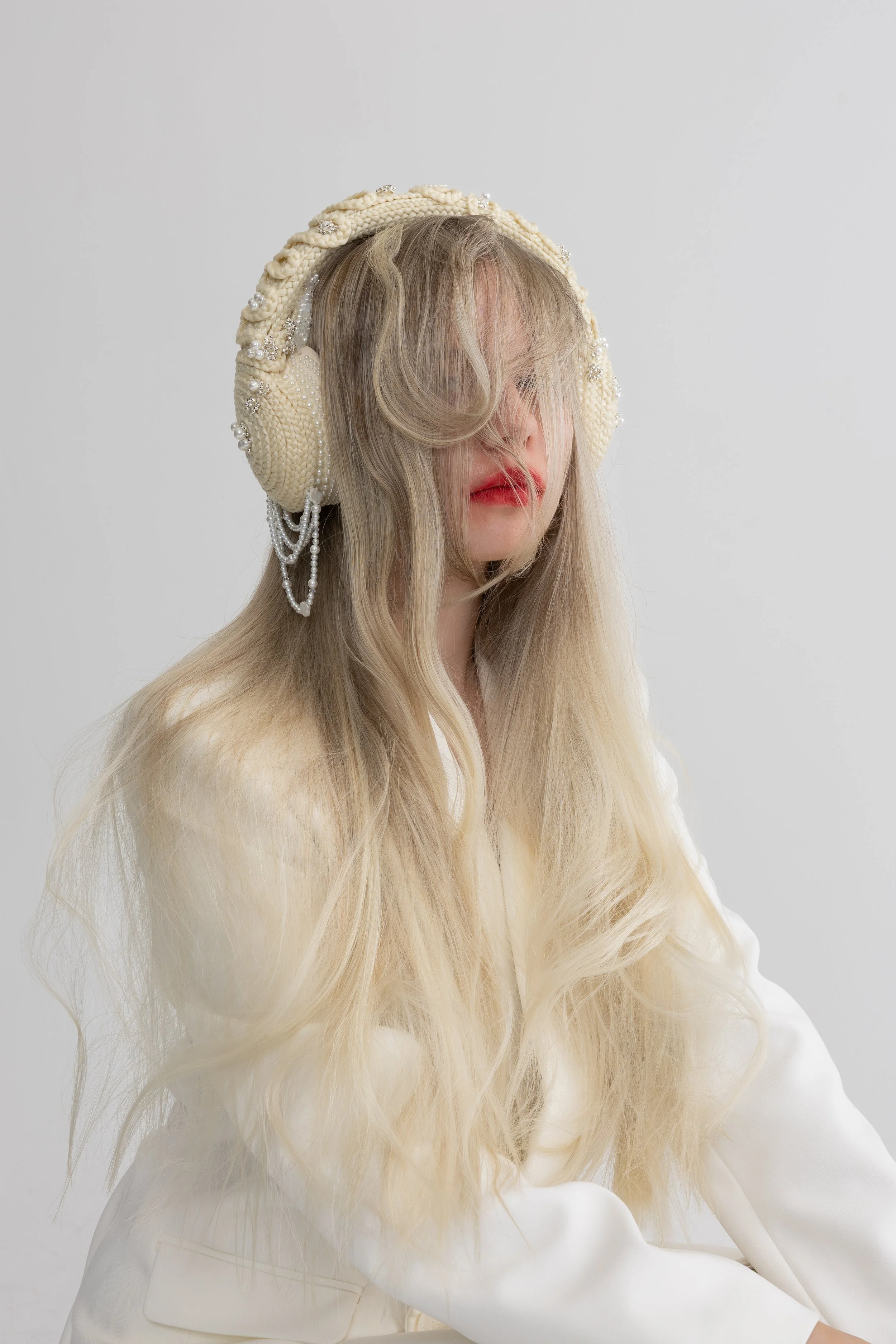 Air Touch avant-garde headphones made of hair and pearls, KATYA Sydney