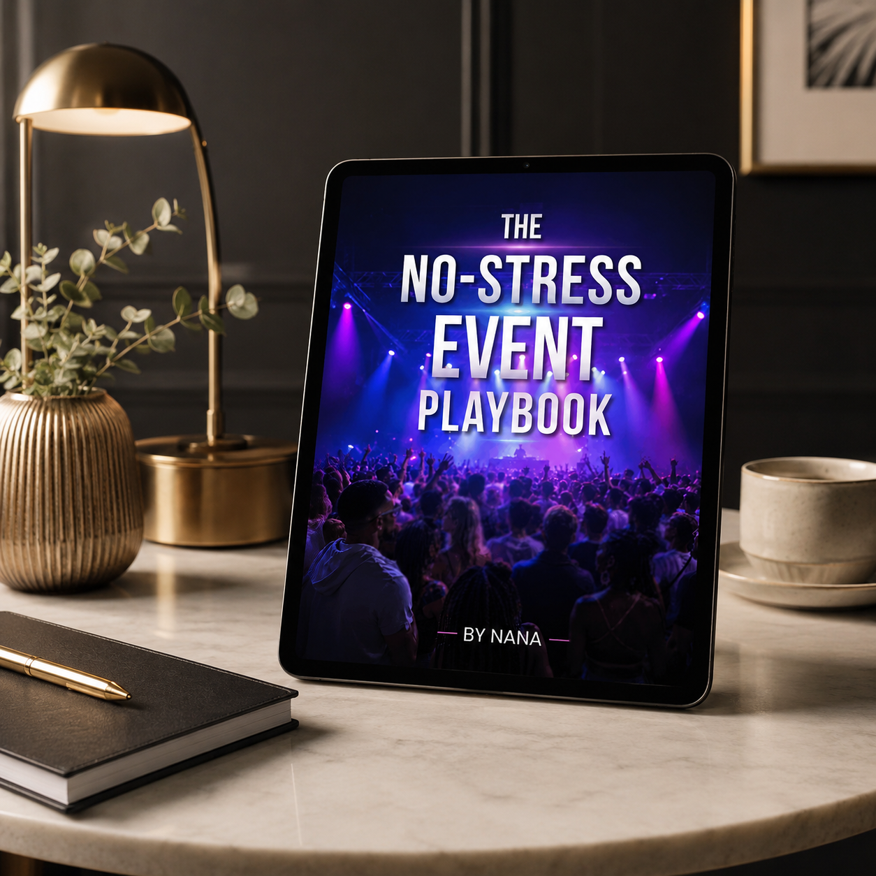 A tablet displaying a digital cover titled "The No-Stress Event Playbook" by Nana, with a background image of a concert audience and stage lights.