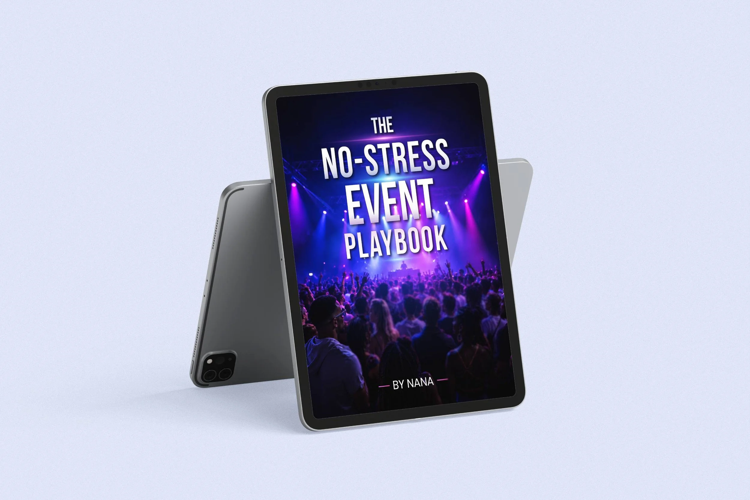 A tablet displays a promotional flyer for 'The No-Stress Event Playbook' with a background image of a large crowd at a concert or festival with stage lights.