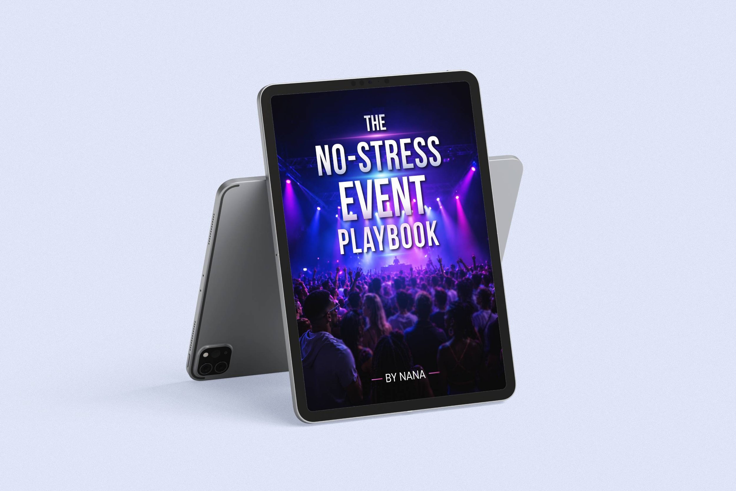 Two smartphones displaying a concert scene with a stage and purple and blue lights, with one phone showing a digital event program titled 'The No-Stress Event Playbook'.