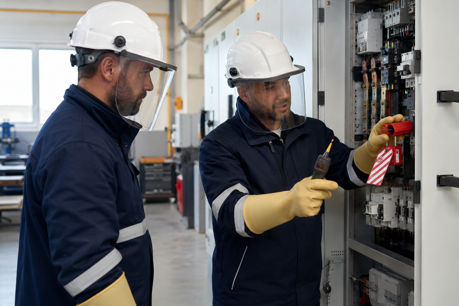 Deux techniciens en tenue de sécurité vérifiant un tableau électrique dans une usine. AIPR
Habilitation électrique
Réseaux enterrés
Réglementation BTP
Formation obligatoire
Conformité