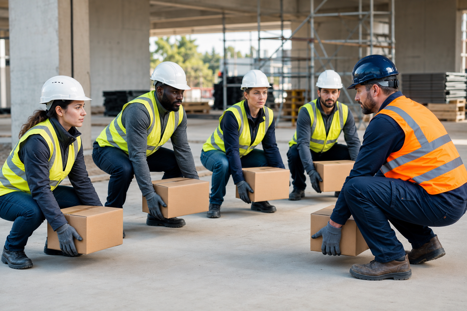 Cinq travailleurs portant des vestes de sécurité et des casques de protection, en position agenouillée, offrant des boîtes en carton dans un site de construction, avec un superviseur devant eux.
Gestes et postures, Sécurité BTP, Formation obligatoire